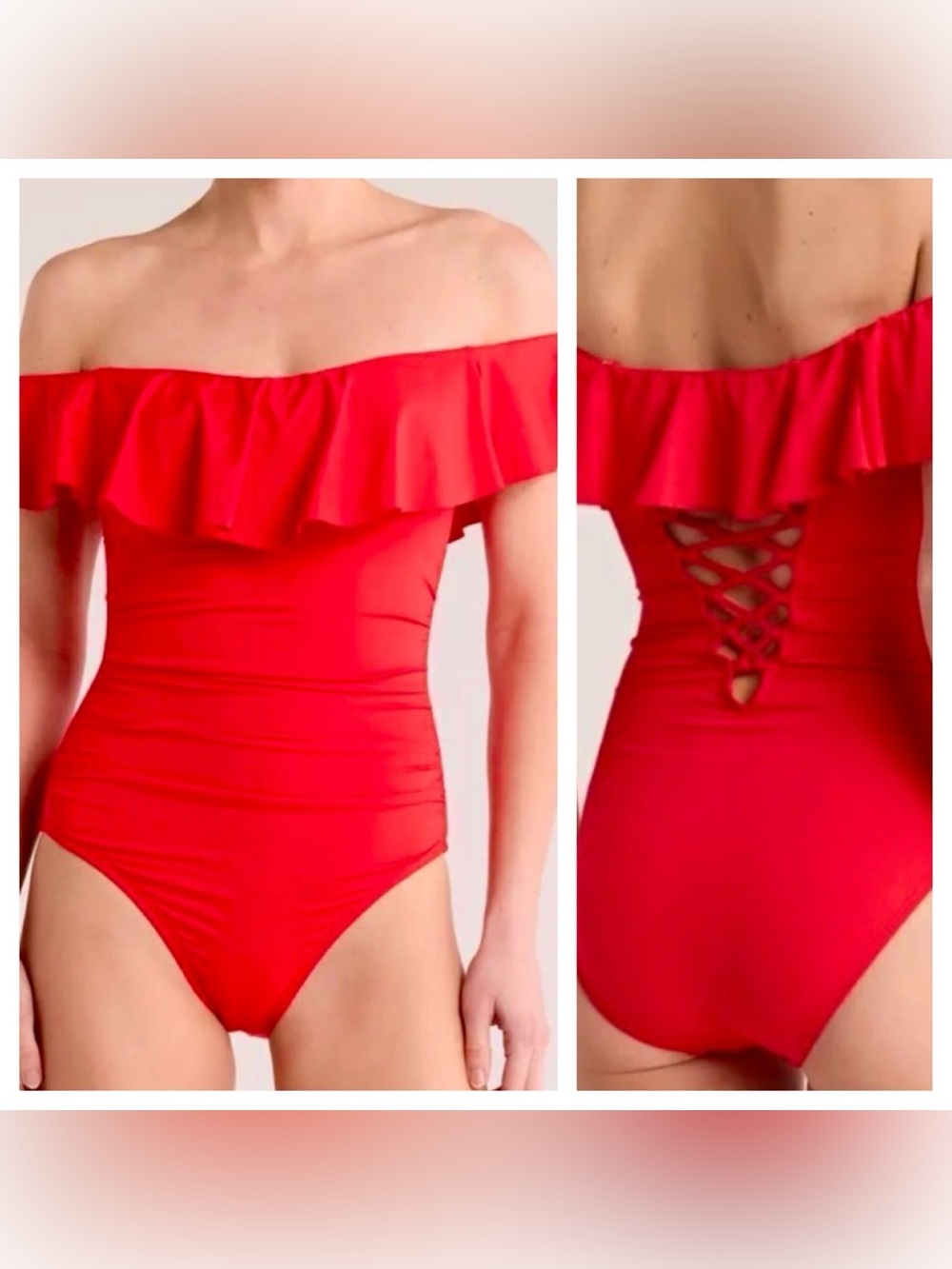 LA BLANCA ISLAND GODDESS OFF SHOULDER RUFFLED RUCHED ONE PIECE SWIMSUIT NEW Sz12
